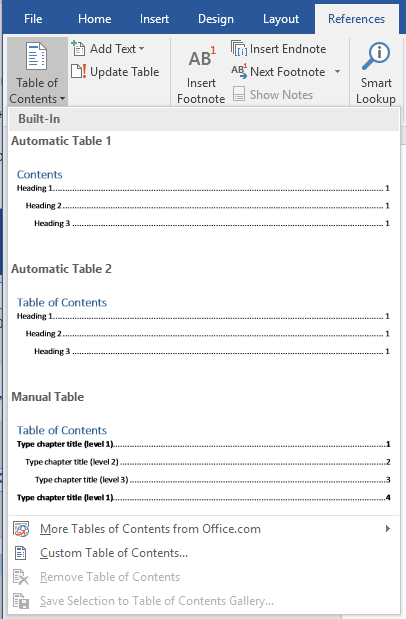 word manually format table of contents